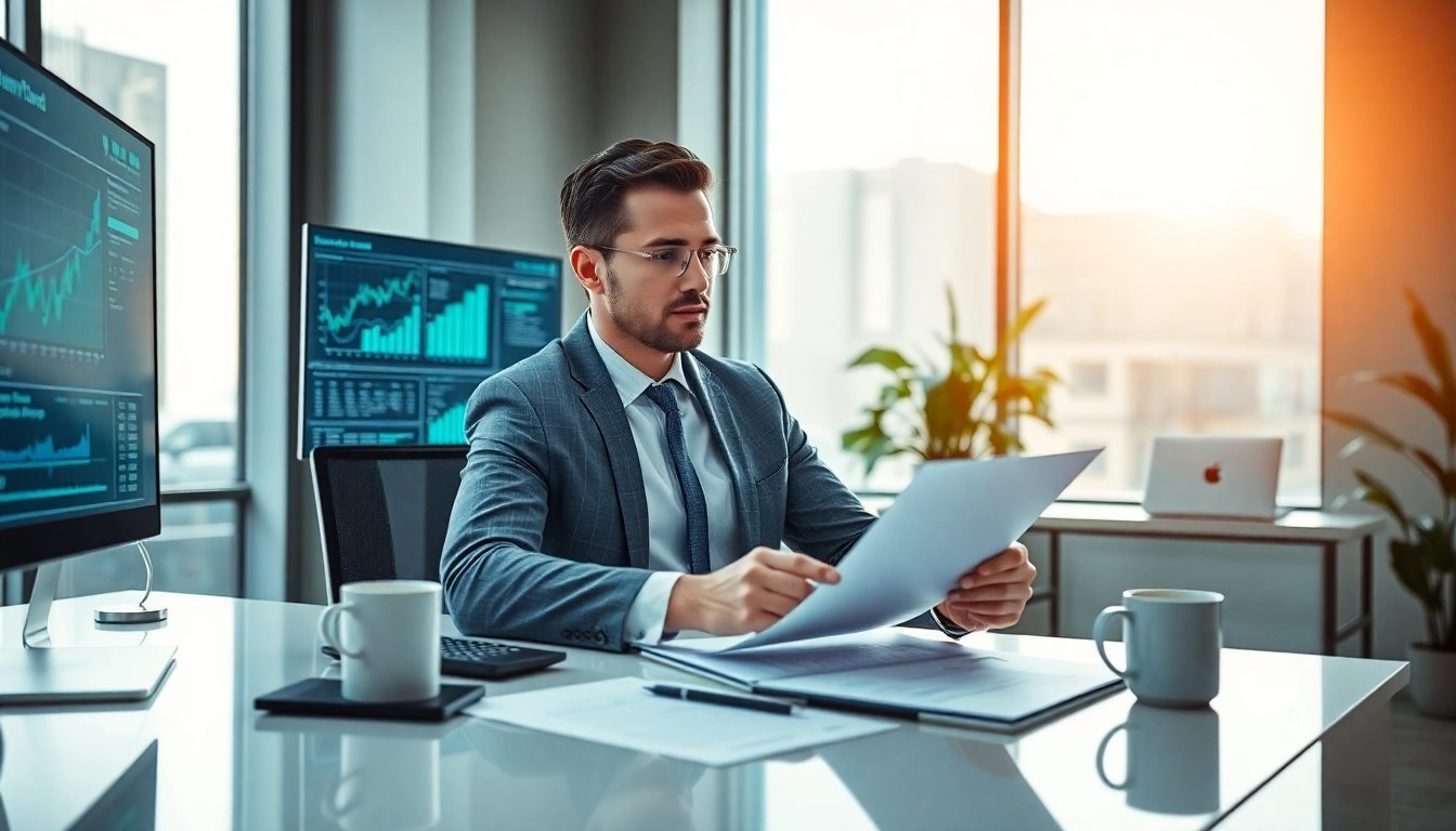 Superfund accountant working diligently in a modern office environment, analyzing financial data.