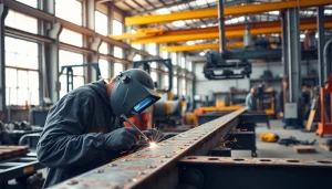 Workers welding in a steel fabrication shop with precision and focus on metal assembly.