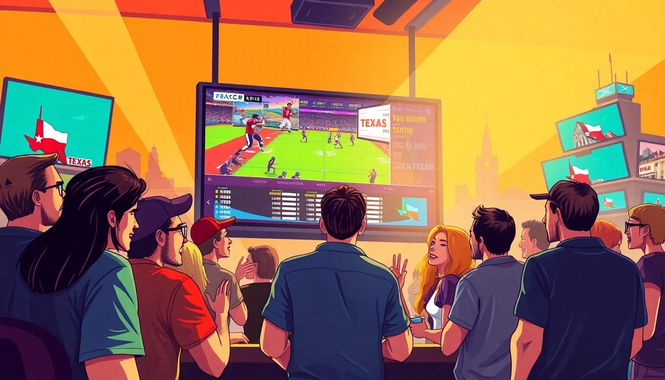 Engaged bettors enjoying Texas sports betting with a lively digital sports display.