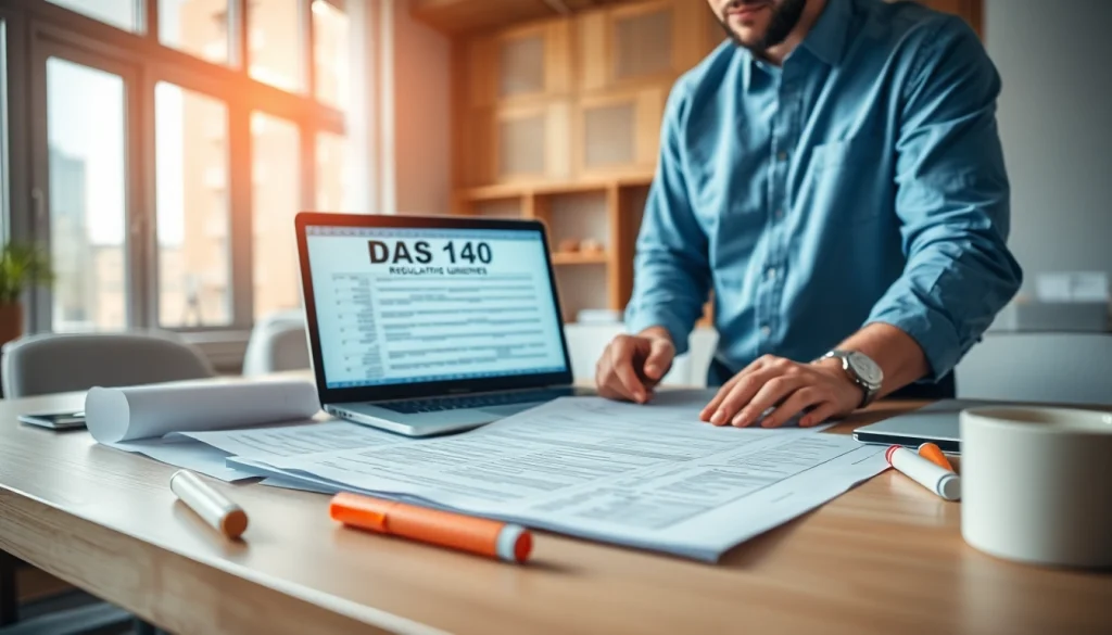 DAS 140 form with contractor analyzing project details in a bright office setting.