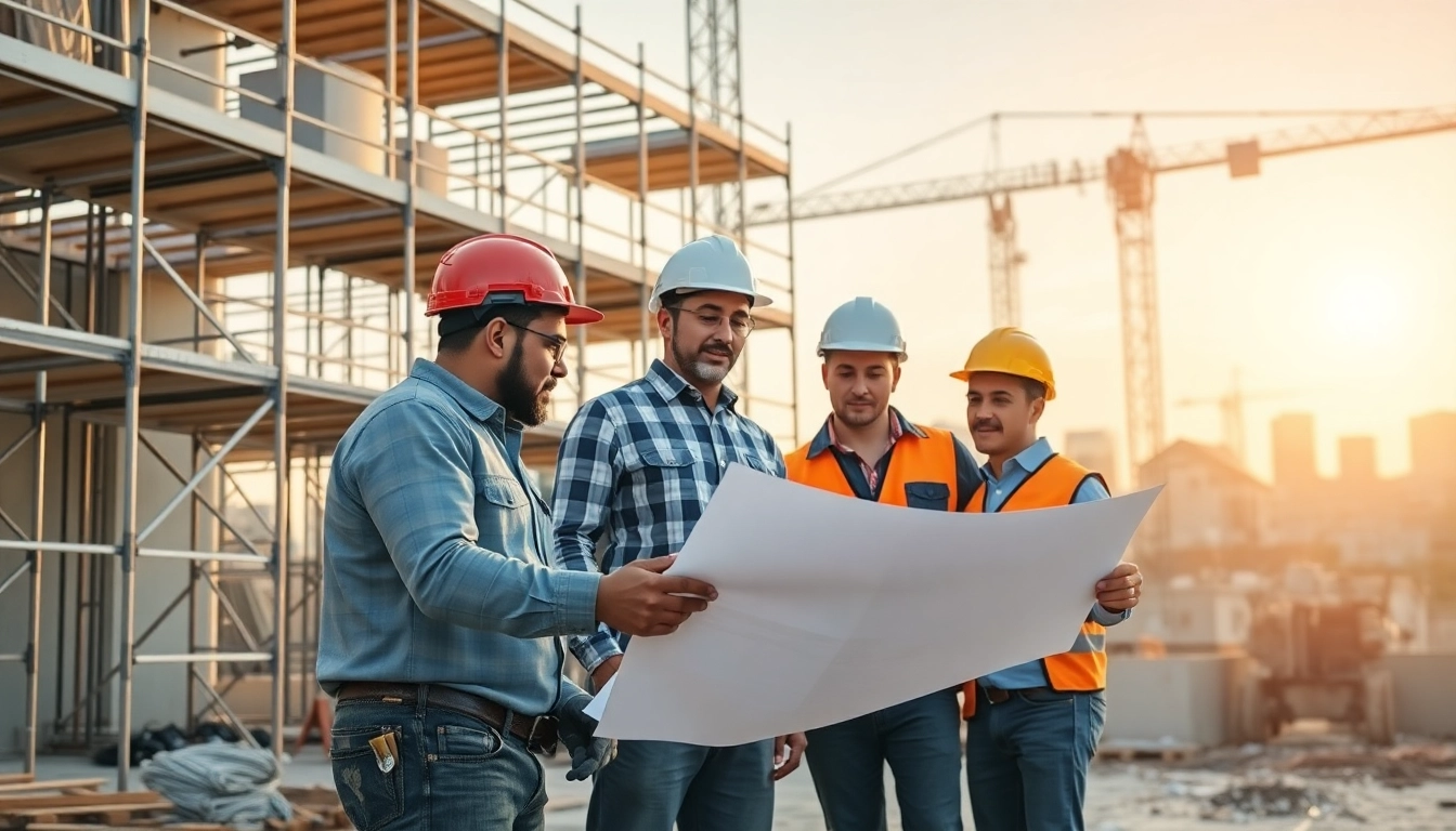 Southern California contractors association collaborating on a construction site with blueprints.