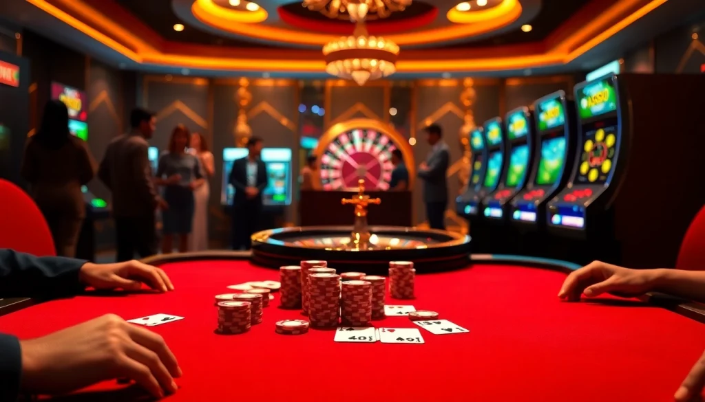 Experience the excitement of Fun88 with vibrant casino tables, poker chips, and roulette wheels.