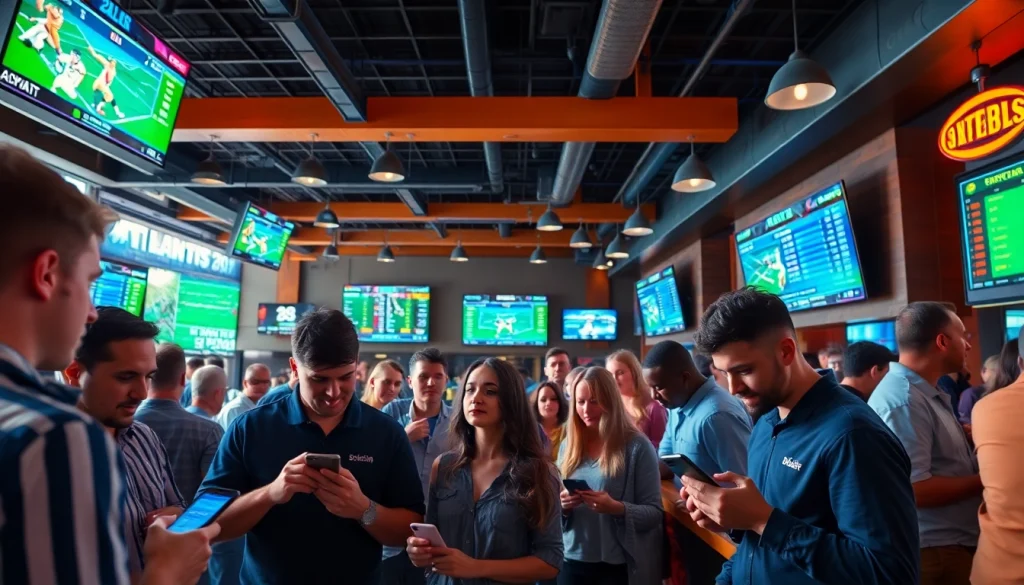 Bettors engaging in Georgia sports betting at a lively sports bar with screens showing live games.