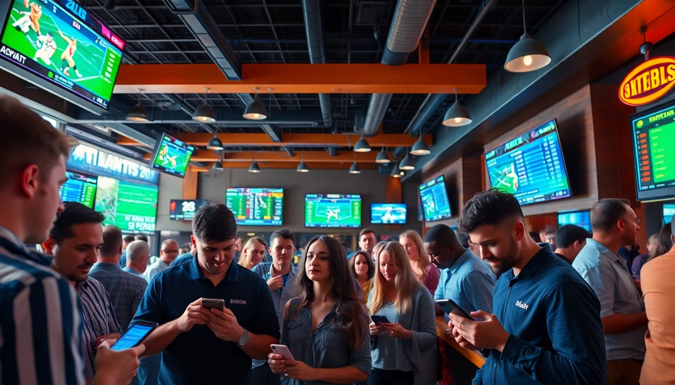 Bettors engaging in Georgia sports betting at a lively sports bar with screens showing live games.