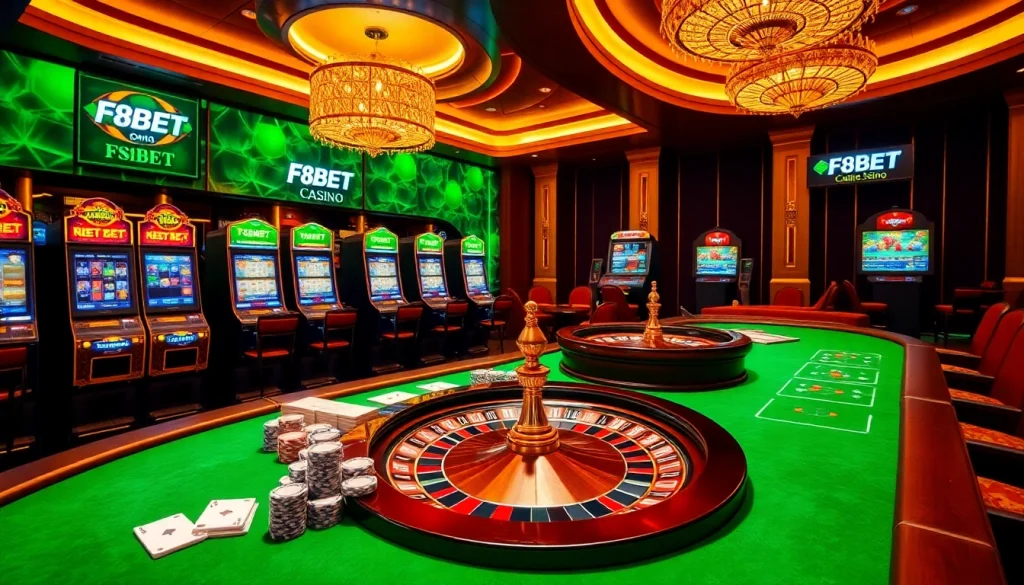 Experience the excitement of F8BET with vibrant casino tables, roulette wheels, and poker chips.