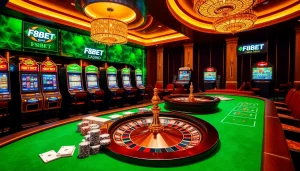 Experience the excitement of F8BET with vibrant casino tables, roulette wheels, and poker chips.