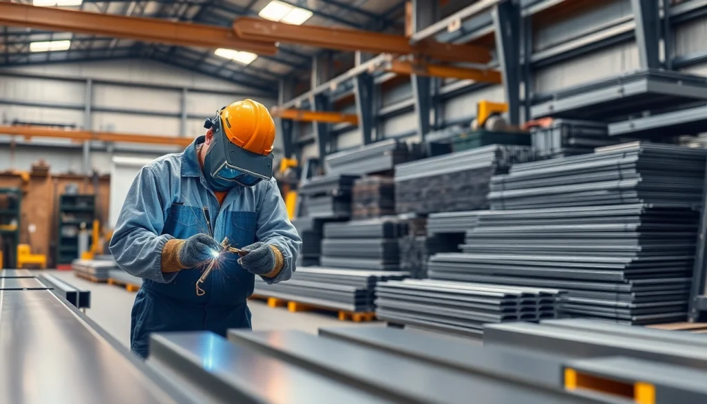 Workers engaged in custom steel fabrication, showcasing precision and craftsmanship in a busy shop environment.