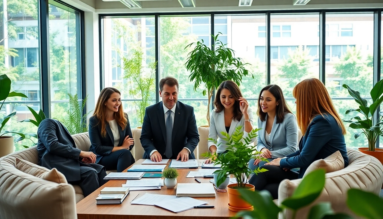 Collaborative team at an environmental law firm discussing eco-friendly practices.