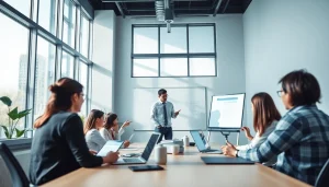 Team at a công ty thiết kế website collaborating in a modern office.