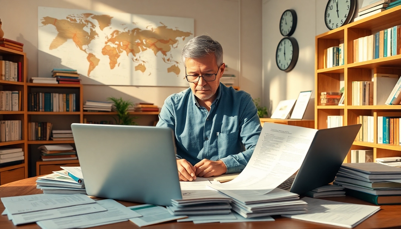 Professional atmosphere depicting a certified translator engaged in detailed trabalho de tradução juramentada.