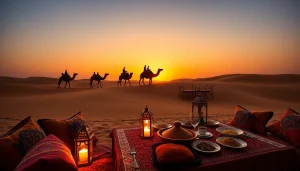 Agafay desert camel ride and dinner with a show featuring sunset dining under the stars.