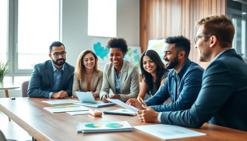 Engaged individuals in a business coaching service session, discussing strategies and insights in a professional setting.