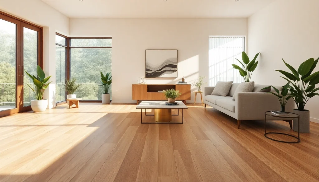 Salon élégant avec un carrelage imitation parquet réaliste, reflétant chaleur et design moderne.