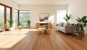 Salon élégant avec un carrelage imitation parquet réaliste, reflétant chaleur et design moderne.