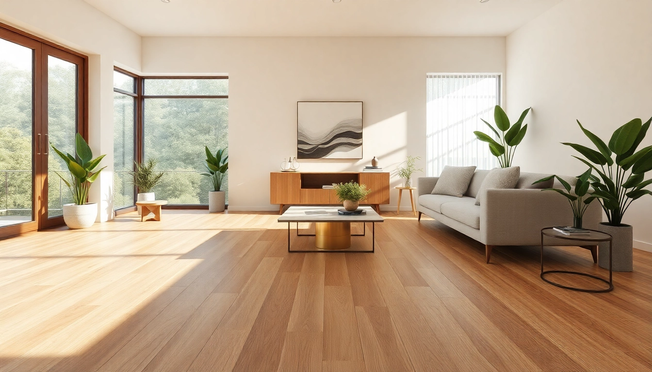 Salon élégant avec un carrelage imitation parquet réaliste, reflétant chaleur et design moderne.