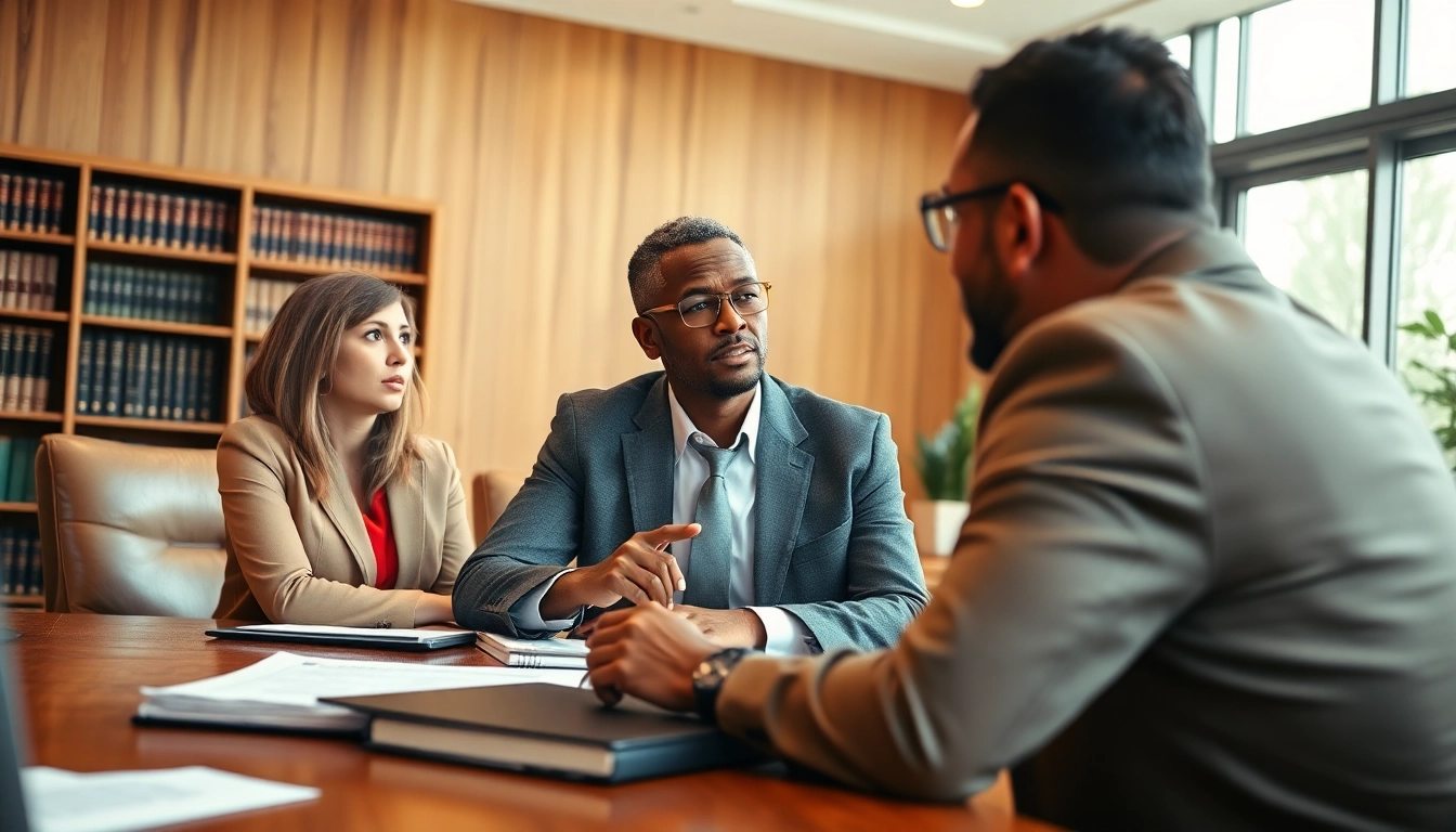 Eminent domain lawyer consulting clients in a professional law office setting.