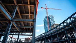 Illustration of structural steel construction process with beams, workers, and a high-rise building.
