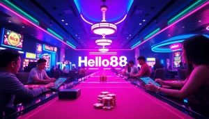 Hello88's online gambling atmosphere with neon lights and engaging players.