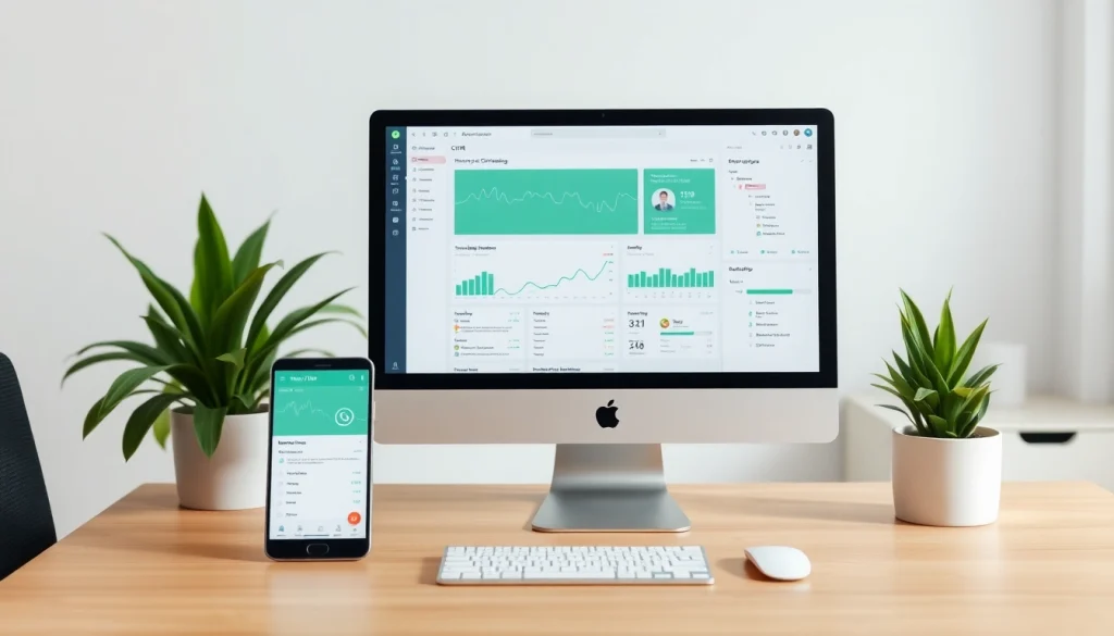 Showcasing a WhatsApp Smart CRM workspace with a computer and phone setup for business efficiency.