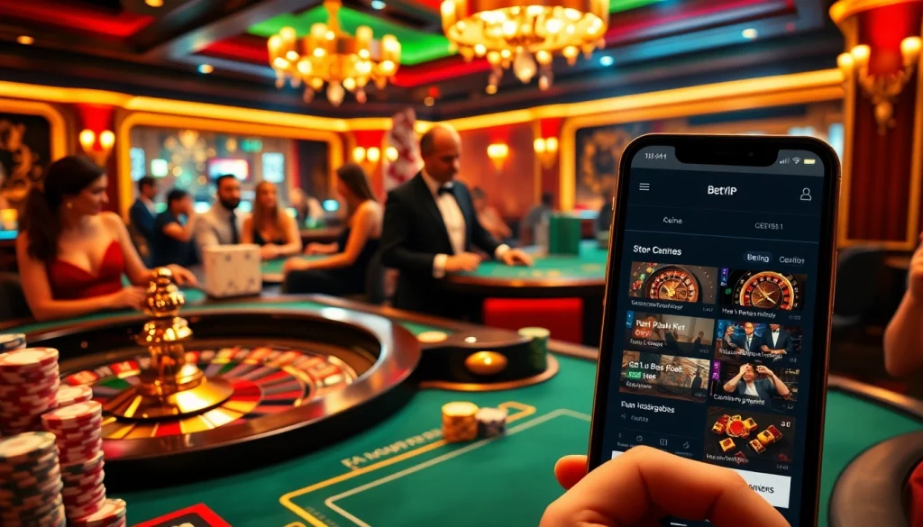 Tương tác với ứng dụng Bet VIP trên sàn casino sang trọng với các bàn poker và roulette.