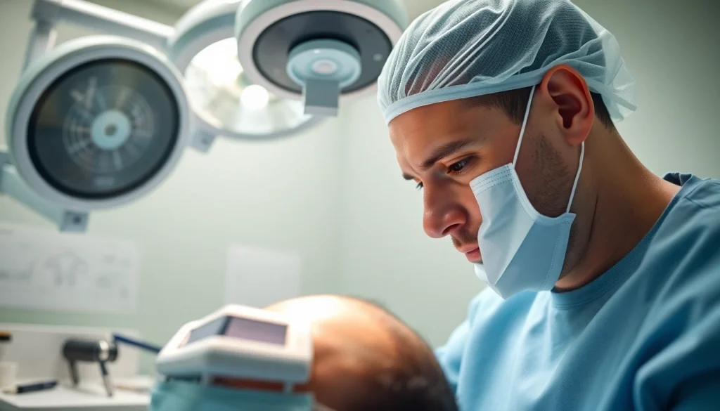 Hair transplant uk procedure showcasing a professional atmosphere and skilled surgeon.