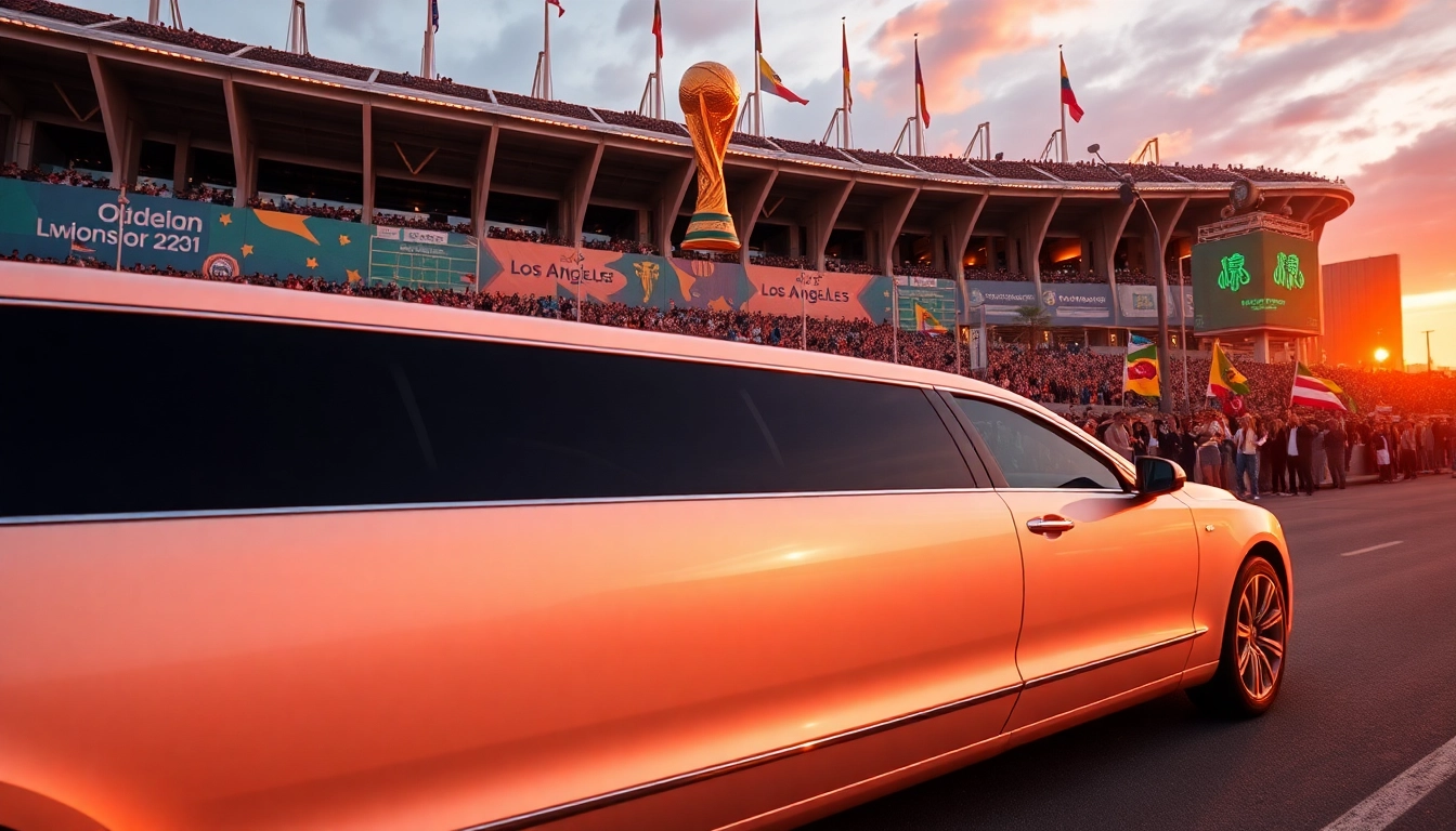 World Cup Group Transportation in a luxury limousine at a vibrant LA stadium, capturing fan excitement.
