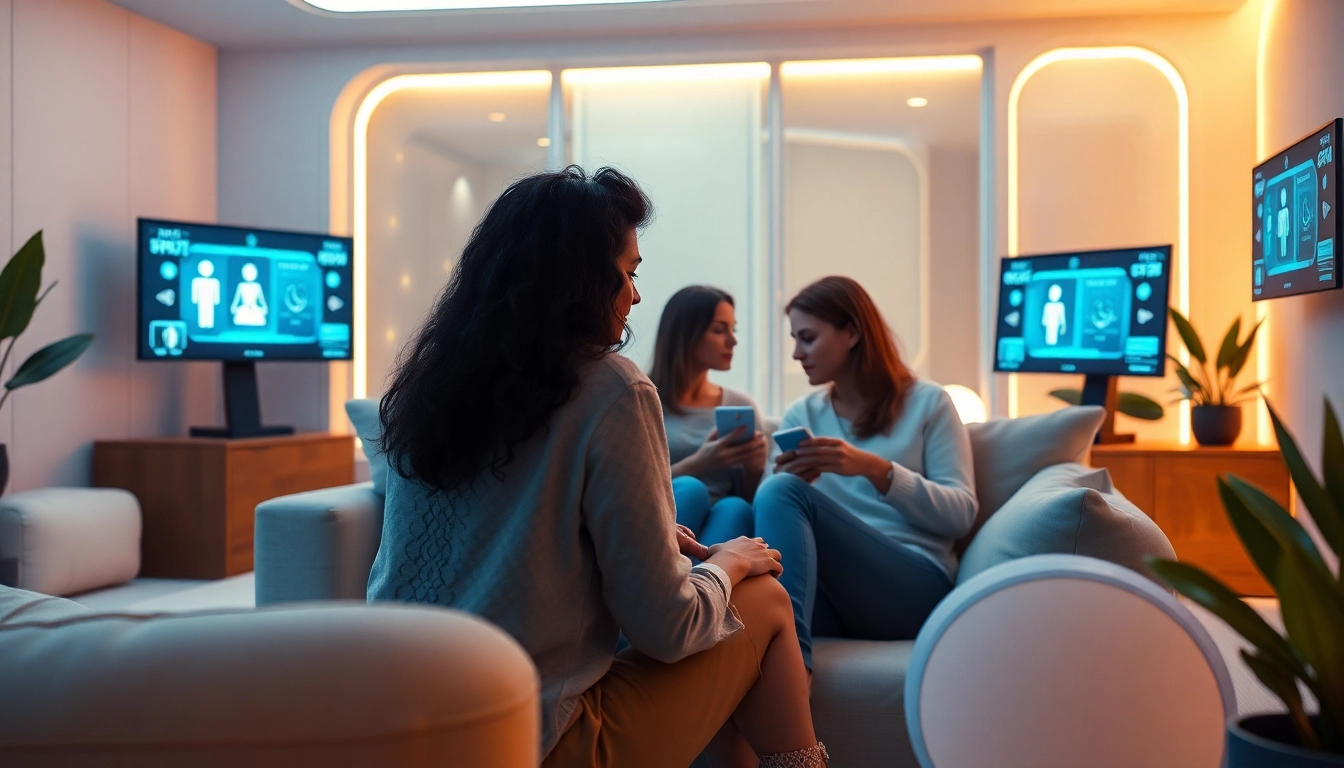 Couples using sex ai chatbots in a futuristic, intimate environment.