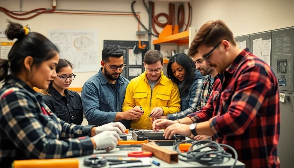 Hands-on training at an electrician trade school colorado showcasing students engaged in learning.