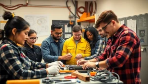 Hands-on training at an electrician trade school colorado showcasing students engaged in learning.