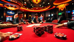 Players enjoying a thrilling poker game at 789bet casino, featuring vibrant poker chips and cards.