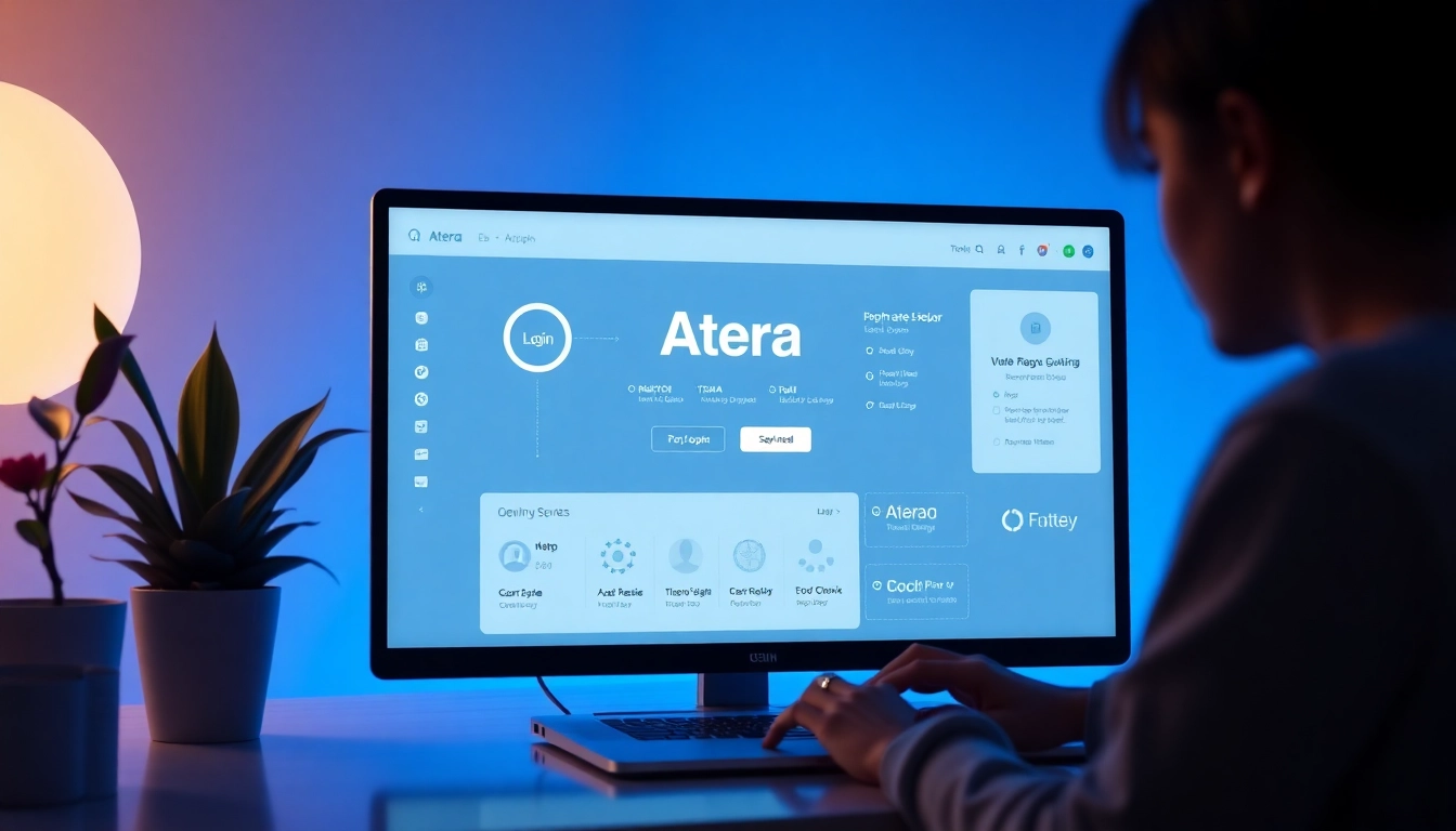 Atera login interface displayed on a laptop, illustrating secure access and user interaction features.