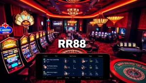 Experience thrilling gameplay at RR88 with lively casino tables and vibrant slot machines.