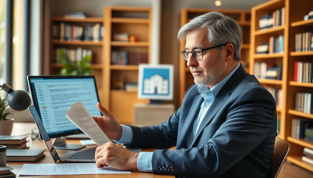 Scène professionnelle d'un traducteur assermenté italien travaillant dans un bureau moderne.