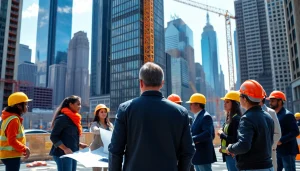 New York City Construction Manager guiding a diverse team on an urban construction site.