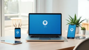 快连官网 displaying a user-friendly VPN interface on multiple devices, illustrating cross-platform connectivity and security.
