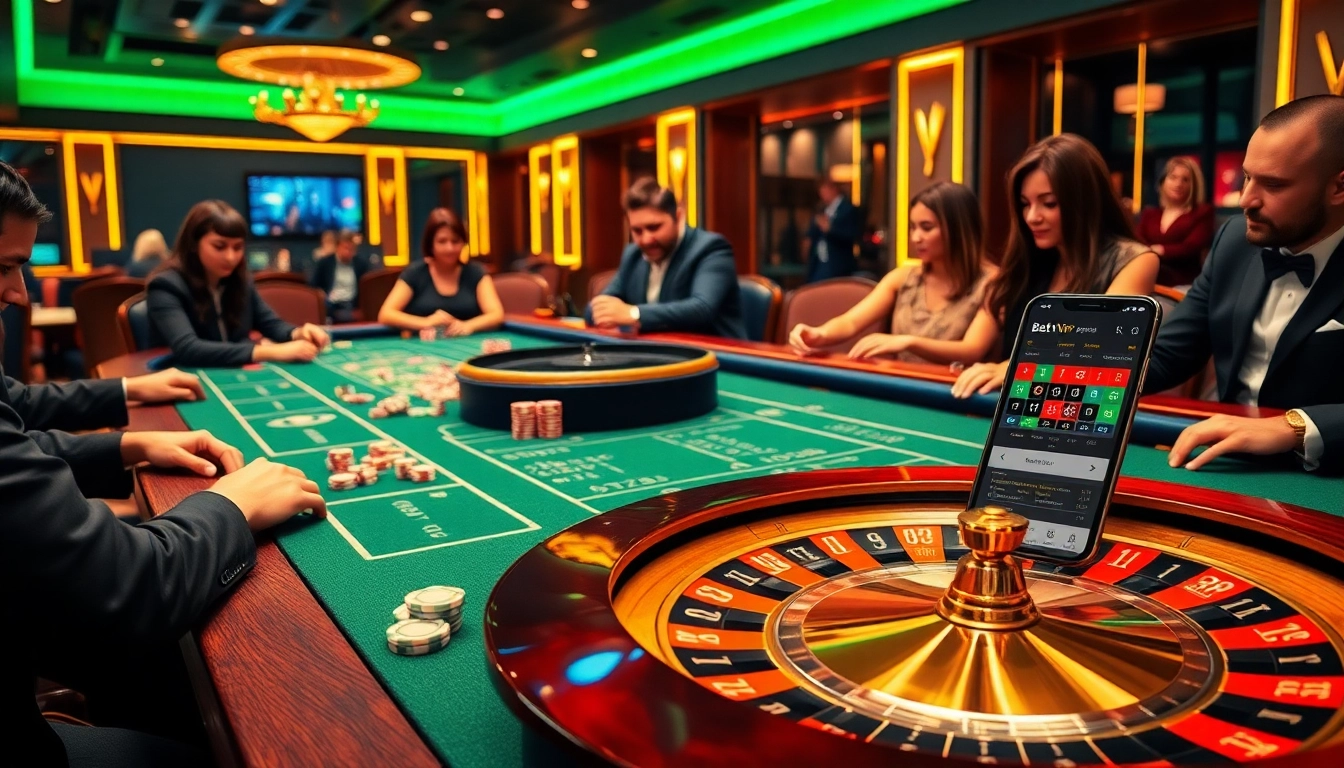 Cảnh hấp dẫn mô tả người chơi sử dụng ứng dụng Bet VIP trên bàn casino với các yếu tố trò chơi sôi động.