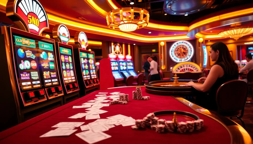 Excited players spinning vibrant slot machines in a luxurious casino atmosphere.