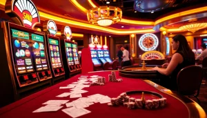 Excited players spinning vibrant slot machines in a luxurious casino atmosphere.