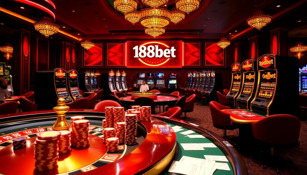 Players enjoy an exciting game at 188bet casino, showcasing vibrant roulette and poker tables.