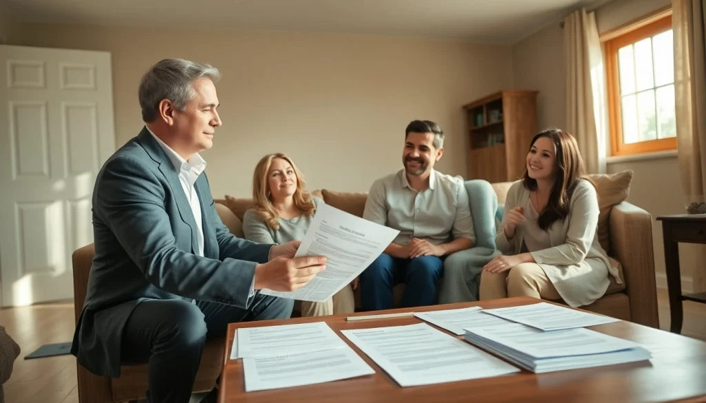Florida Public Adjuster advising a family on insurance claim documents in a warm, inviting setting.