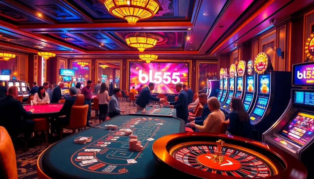 Engaging scene of nhà cái bl555 with players at a poker table and a vibrant casino ambiance.