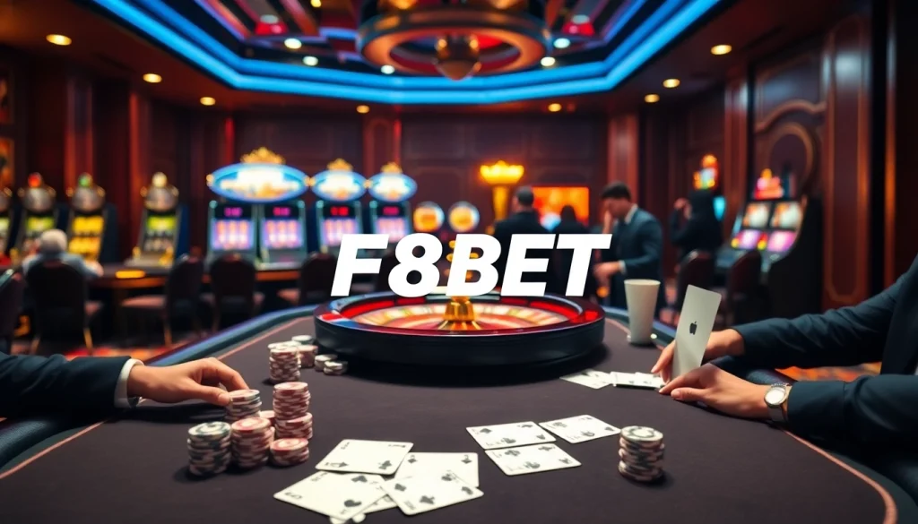 Exciting poker game at F8BET casino with vibrant chips, cards, and roulette wheel.