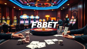 Exciting poker game at F8BET casino with vibrant chips, cards, and roulette wheel.