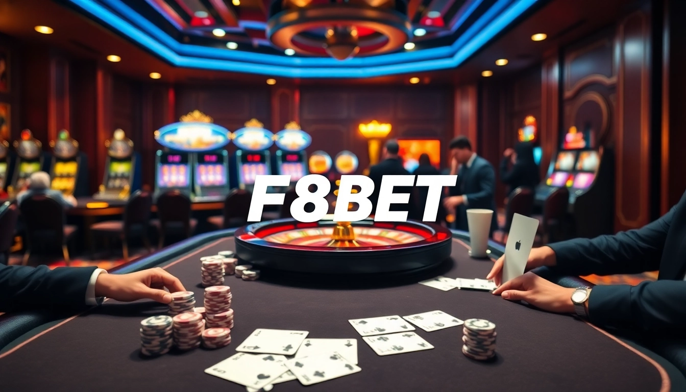 Exciting poker game at F8BET casino with vibrant chips, cards, and roulette wheel.