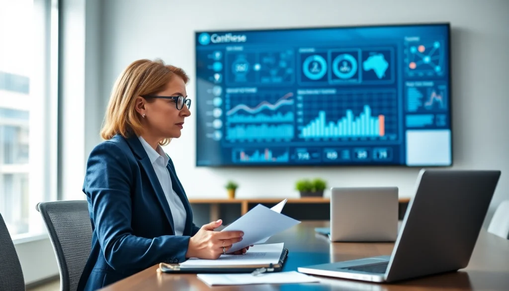 Crisis management consultant analyzing data in a modern office setting while engaged in a video call.