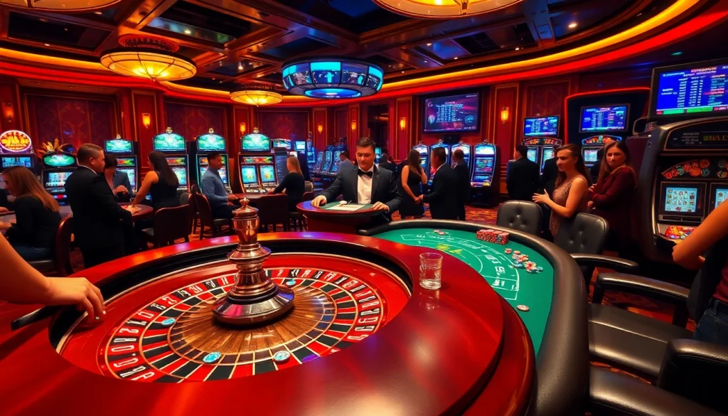 Experience the thrill of Tha bet at a luxurious casino with roulette and poker tables.