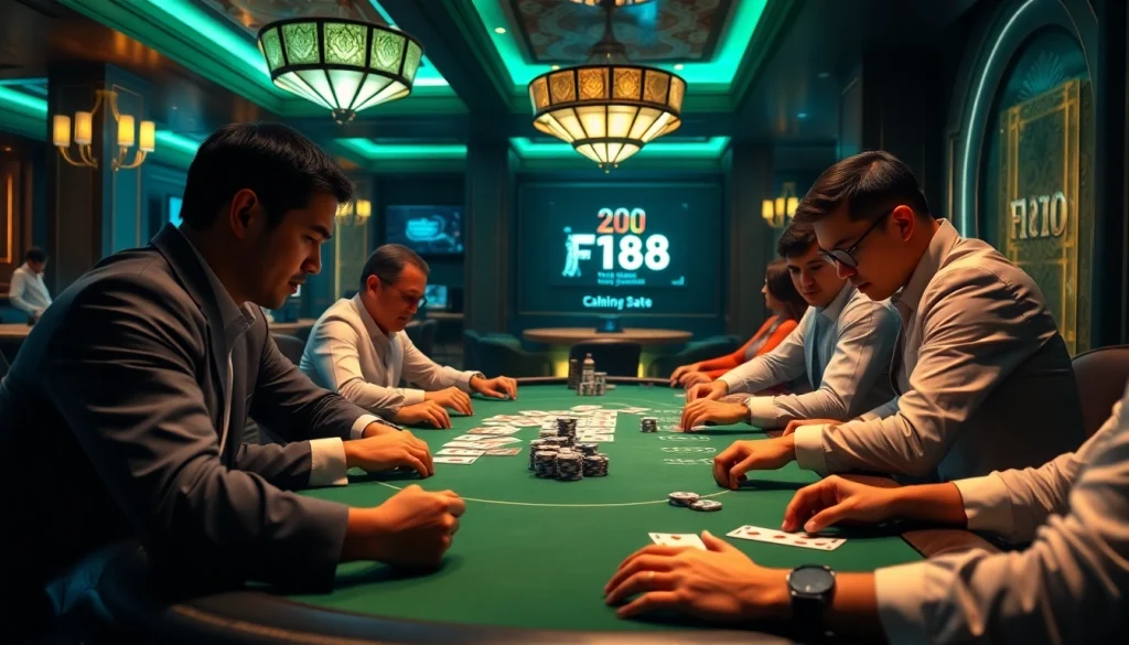 Experience the excitement of เจ้ามือรับแทง F168 at a luxurious casino poker table, showcasing strategic gameplay and vibrant atmosphere.