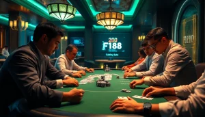 Experience the excitement of เจ้ามือรับแทง F168 at a luxurious casino poker table, showcasing strategic gameplay and vibrant atmosphere.