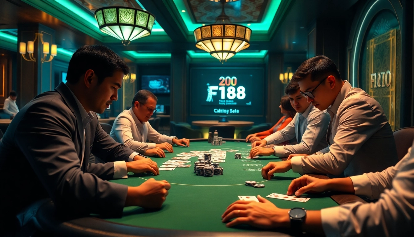 Experience the excitement of เจ้ามือรับแทง F168 at a luxurious casino poker table, showcasing strategic gameplay and vibrant atmosphere.