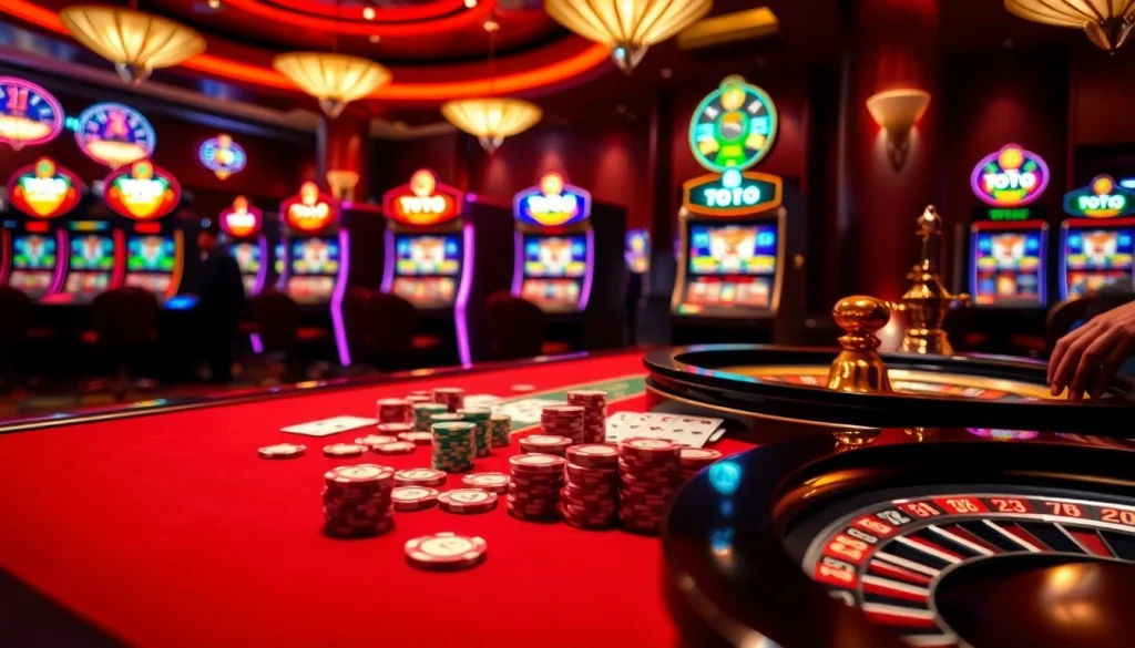 Rasakan sensasi bermain Toto Slot di kasino yang hidup dengan mesin berwarna-warni dan meja permainan.